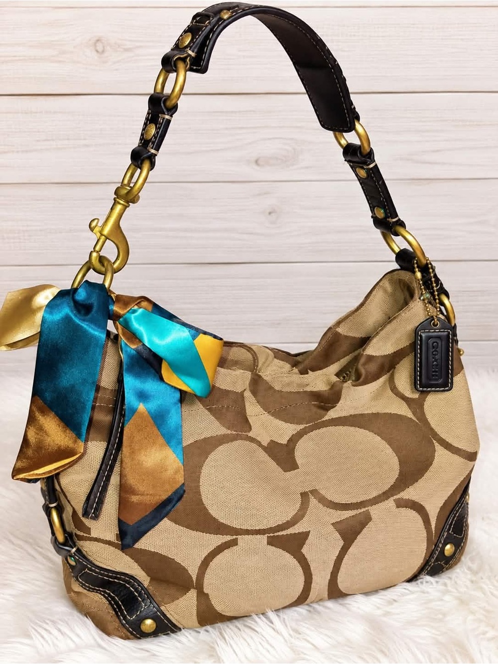 Coach Carly Tan Signature Canvas Hobo with Teal & Gold Scarf Accent